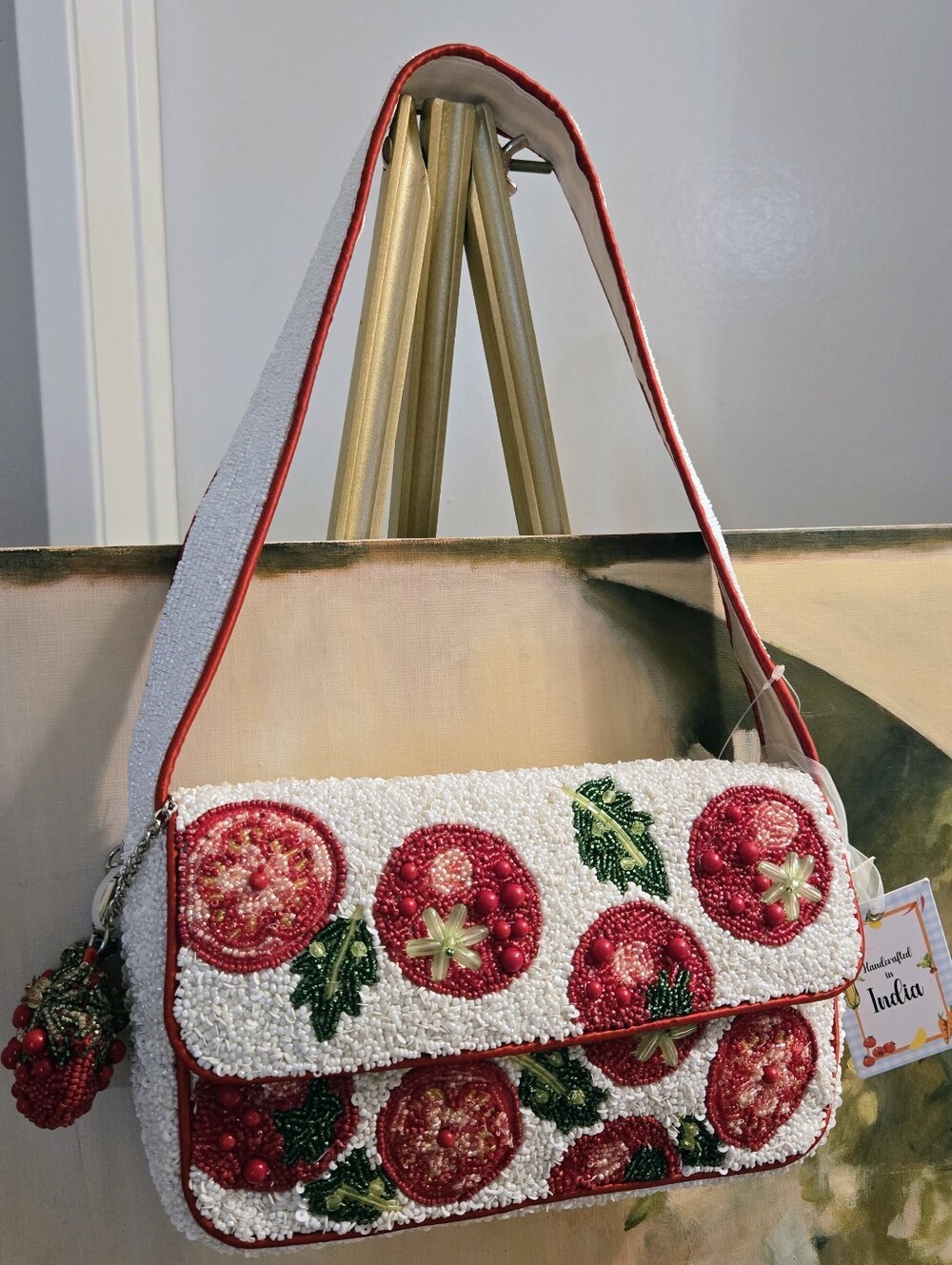 Handcrafted Beaded Red Tomato Shoulder Bag W/ Keychain